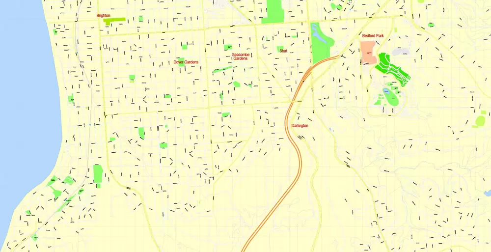 Adelaide, Australia, Printable vector street map, V3.11, fully editable, Adobe Illustrator, Level 17, G-View, full vector, scalable, editable, text format of street names, 13 Mb ZIP.