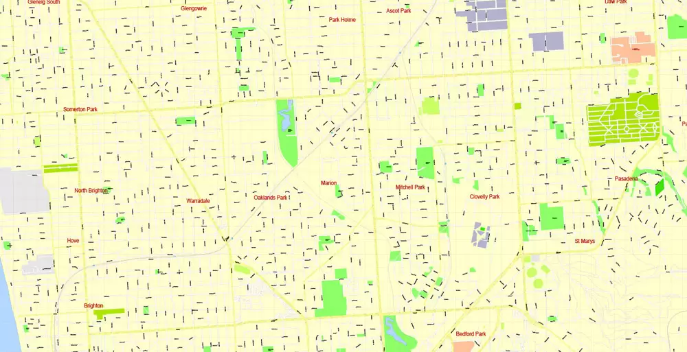 Adelaide, Australia, Printable vector street map, V3.11, fully editable, Adobe Illustrator, Level 17, G-View, full vector, scalable, editable, text format of street names, 13 Mb ZIP.