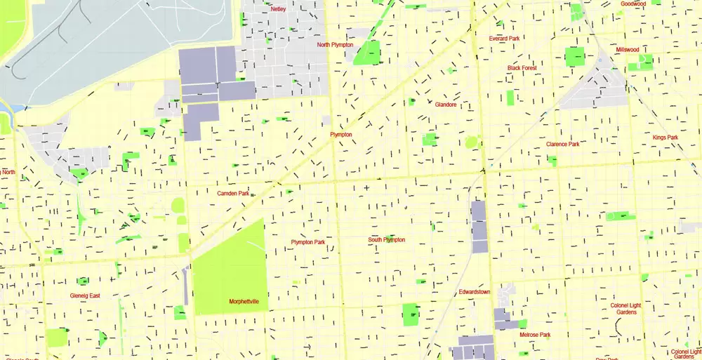 Adelaide, Australia, Printable vector street map, V3.11, fully editable, Adobe Illustrator, Level 17, G-View, full vector, scalable, editable, text format of street names, 13 Mb ZIP.