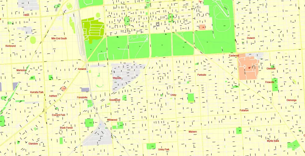 Adelaide, Australia, Printable vector street map, V3.11, fully editable, Adobe Illustrator, Level 17, G-View, full vector, scalable, editable, text format of street names, 13 Mb ZIP.
