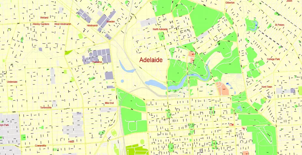 Adelaide, Australia, Printable vector street map, V3.11, fully editable, Adobe Illustrator, Level 17, G-View, full vector, scalable, editable, text format of street names, 13 Mb ZIP.