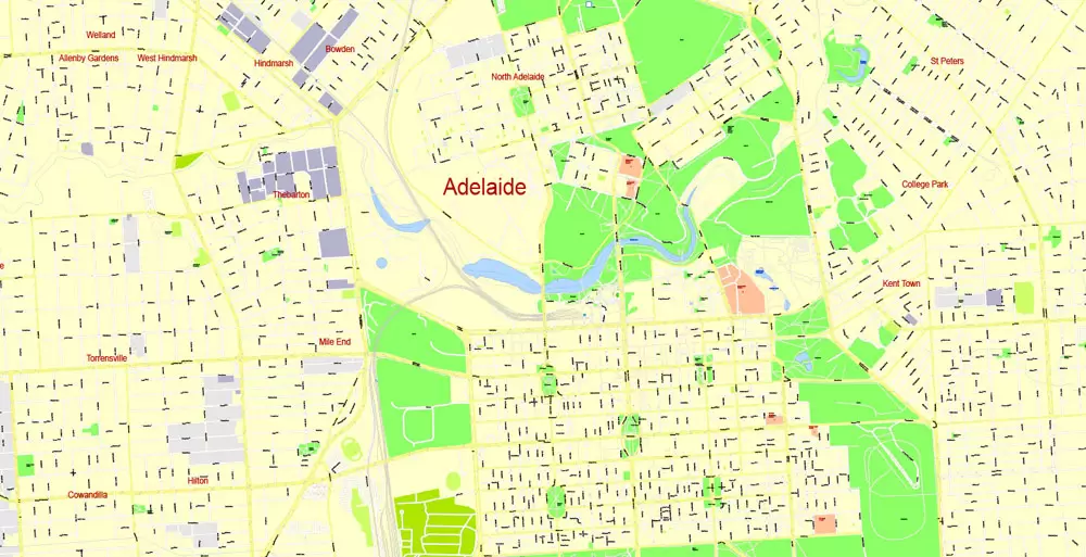 Adelaide, Australia, Printable vector street map, V3.11, fully editable, Adobe Illustrator, Level 17, G-View, full vector, scalable, editable, text format of street names, 13 Mb ZIP.