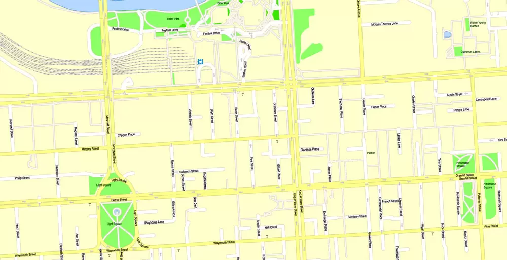 Adelaide, Australia, Printable vector street map, V3.11, fully editable, Adobe Illustrator, Level 17, G-View, full vector, scalable, editable, text format of street names, 13 Mb ZIP.