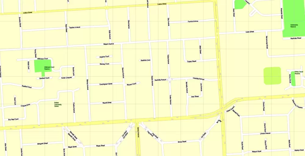 Adelaide, Australia, Printable vector street map, V3.11, fully editable, Adobe Illustrator, Level 17, G-View, full vector, scalable, editable, text format of street names, 13 Mb ZIP.