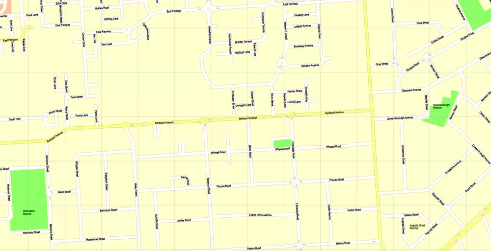 Adelaide, Australia, Printable vector street map, V3.11, fully editable, Adobe Illustrator, Level 17, G-View, full vector, scalable, editable, text format of street names, 13 Mb ZIP.