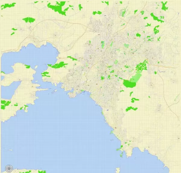 Printable Map Athens + Pireas, Greece, exact vector street G-View Level 17 (100 meters scale) map, V.27.11. ENGLISH, fully editable, Adobe Illustrator, full vector, scalable, editable text format of street names, 11 Mb ZIP.