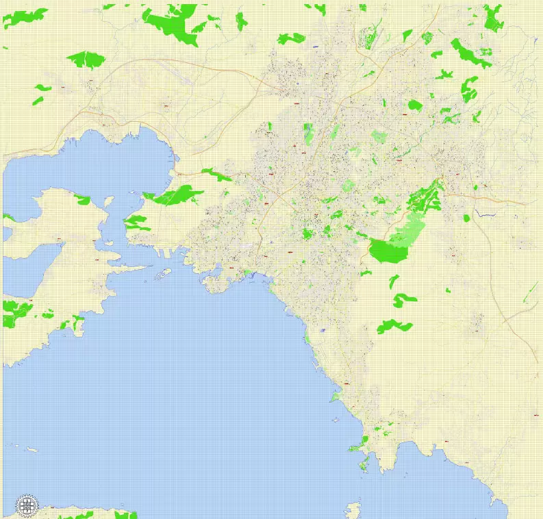 Printable Map Athens + Pireas, Greece, exact vector street G-View Level 17 (100 meters scale) map, V.27.11. ENGLISH, fully editable, Adobe Illustrator, full vector, scalable, editable text format of street names, 11 Mb ZIP.