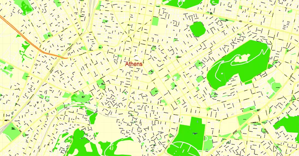 Printable Map Athens + Pireas, Greece, exact vector street G-View Level 17 (100 meters scale) map, V.27.11. ENGLISH, fully editable, Adobe Illustrator, full vector, scalable, editable text format of street names, 11 Mb ZIP.
