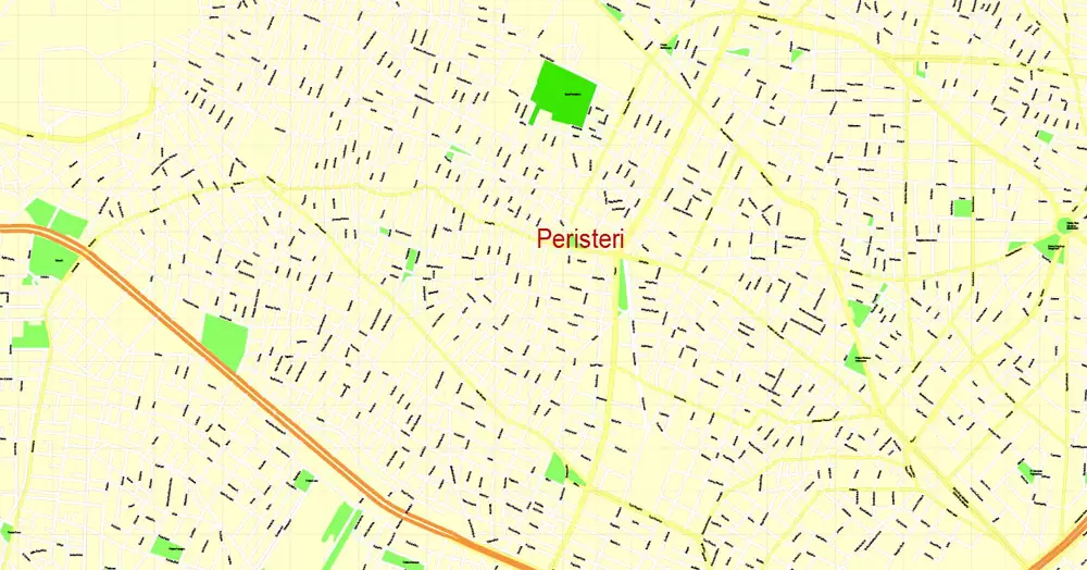 Printable Map Athens + Pireas, Greece, exact vector street G-View Level 17 (100 meters scale) map, V.27.11. ENGLISH, fully editable, Adobe Illustrator, full vector, scalable, editable text format of street names, 11 Mb ZIP.