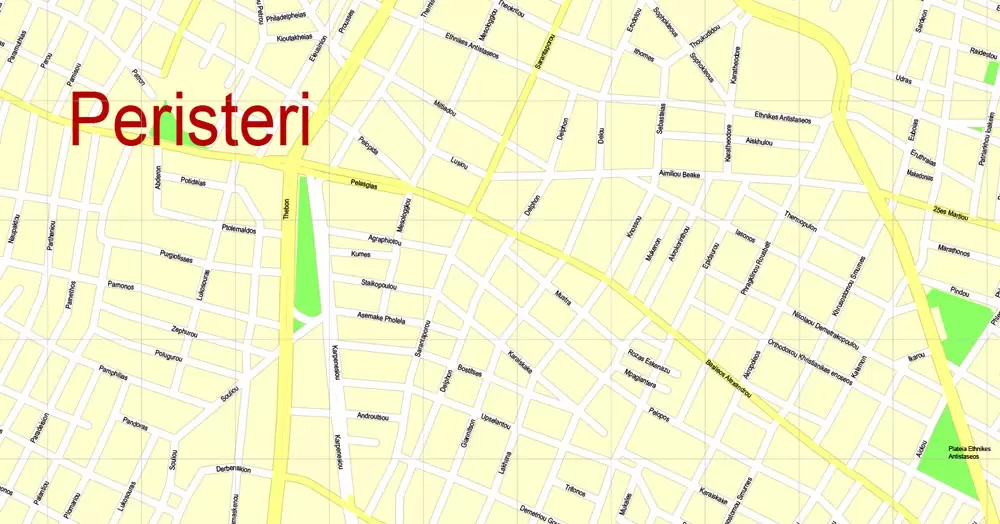 Printable Map Athens + Pireas, Greece, exact vector street G-View Level 17 (100 meters scale) map, V.27.11. ENGLISH, fully editable, Adobe Illustrator, full vector, scalable, editable text format of street names, 11 Mb ZIP.
