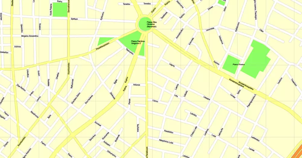 Printable Map Athens + Pireas, Greece, exact vector street G-View Level 17 (100 meters scale) map, V.27.11. ENGLISH, fully editable, Adobe Illustrator, full vector, scalable, editable text format of street names, 11 Mb ZIP.