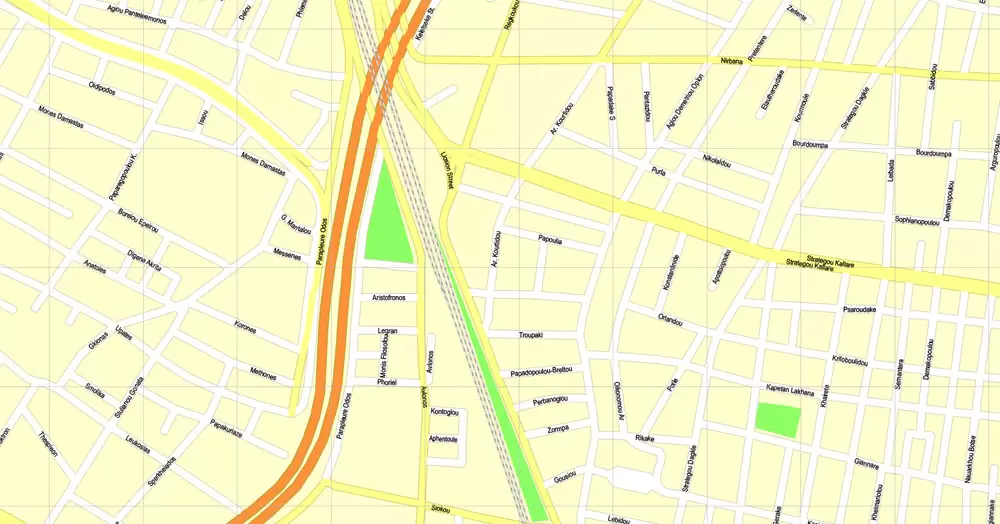 Printable Map Athens + Pireas, Greece, exact vector street G-View Level 17 (100 meters scale) map, V.27.11. ENGLISH, fully editable, Adobe Illustrator, full vector, scalable, editable text format of street names, 11 Mb ZIP.