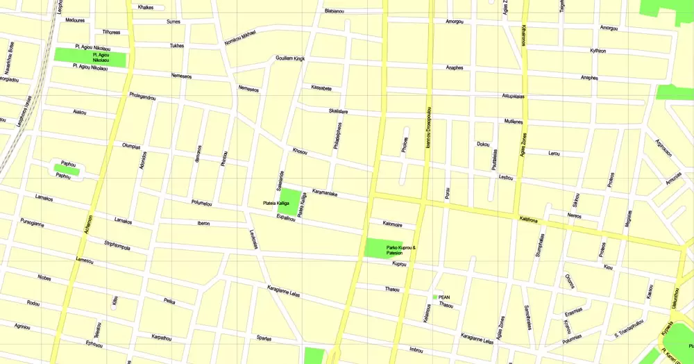 Printable Map Athens + Pireas, Greece, exact vector street G-View Level 17 (100 meters scale) map, V.27.11. ENGLISH, fully editable, Adobe Illustrator, full vector, scalable, editable text format of street names, 11 Mb ZIP.