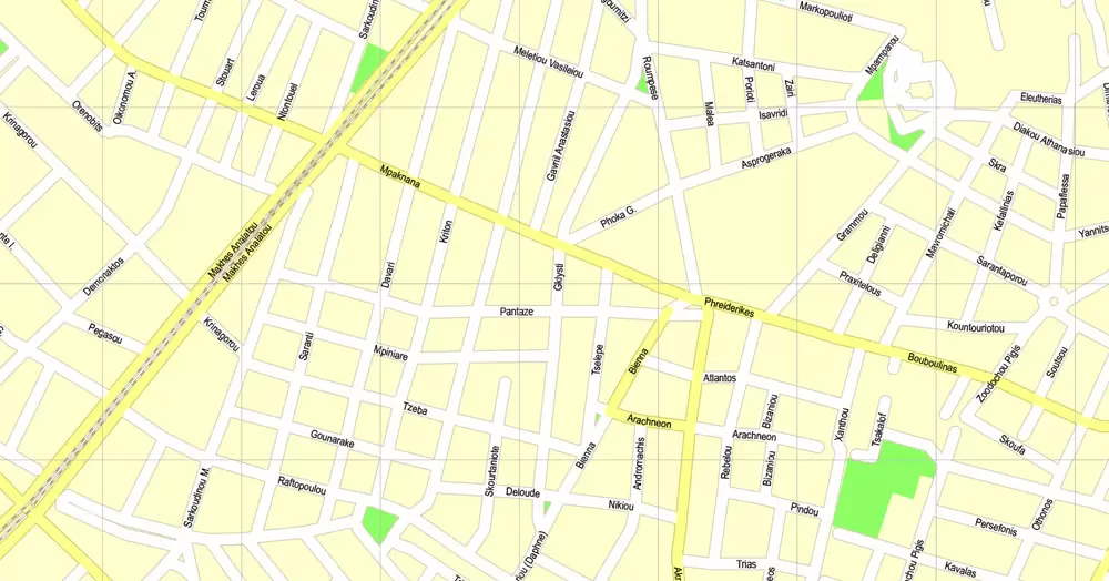 Printable Map Athens + Pireas, Greece, exact vector street G-View Level 17 (100 meters scale) map, V.27.11. ENGLISH, fully editable, Adobe Illustrator, full vector, scalable, editable text format of street names, 11 Mb ZIP.
