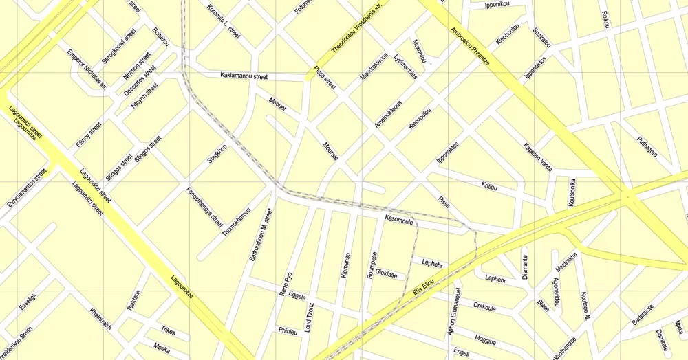 Printable Map Athens + Pireas, Greece, exact vector street G-View Level 17 (100 meters scale) map, V.27.11. ENGLISH, fully editable, Adobe Illustrator, full vector, scalable, editable text format of street names, 11 Mb ZIP.