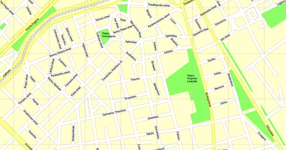 Printable Map Athens + Pireas, Greece, exact vector street G-View Level 17 (100 meters scale) map, V.27.11. ENGLISH, fully editable, Adobe Illustrator, full vector, scalable, editable text format of street names, 11 Mb ZIP.
