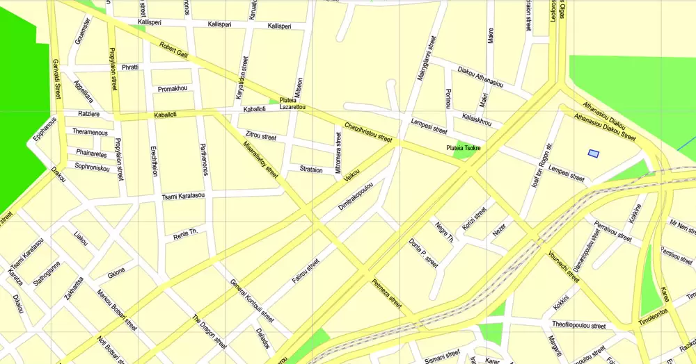 Printable Map Athens + Pireas, Greece, exact vector street G-View Level 17 (100 meters scale) map, V.27.11. ENGLISH, fully editable, Adobe Illustrator, full vector, scalable, editable text format of street names, 11 Mb ZIP.