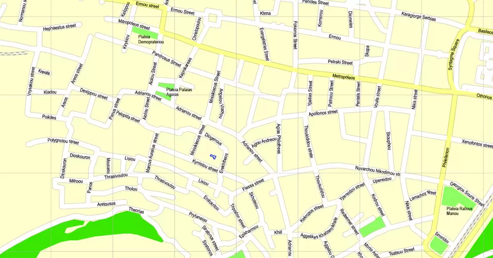 Printable Map Athens + Pireas, Greece, exact vector street G-View Level 17 (100 meters scale) map, V.27.11. ENGLISH, fully editable, Adobe Illustrator, full vector, scalable, editable text format of street names, 11 Mb ZIP.