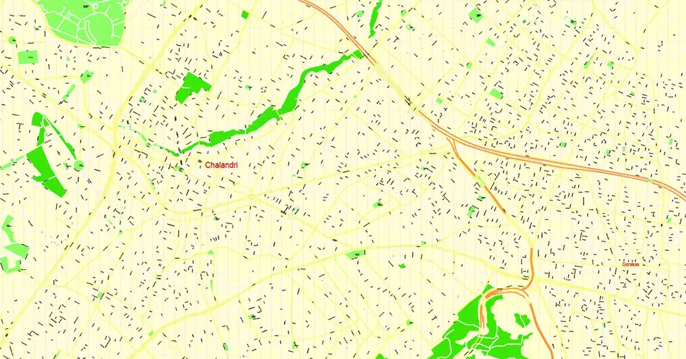 Printable Map Athens + Pireas, Greece, exact vector street G-View Level 17 (100 meters scale) map, V.27.11. ENGLISH, fully editable, Adobe Illustrator, full vector, scalable, editable text format of street names, 11 Mb ZIP.