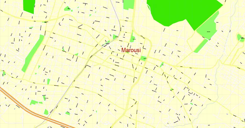 Printable Map Athens + Pireas, Greece, exact vector street G-View Level 17 (100 meters scale) map, V.27.11. ENGLISH, fully editable, Adobe Illustrator, full vector, scalable, editable text format of street names, 11 Mb ZIP.