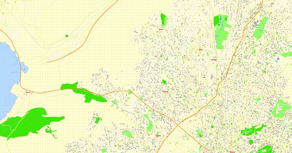 Printable Map Athens + Pireas, Greece, exact vector street G-View Level 17 (100 meters scale) map, V.27.11. ENGLISH, fully editable, Adobe Illustrator, full vector, scalable, editable text format of street names, 11 Mb ZIP.