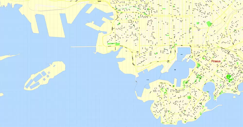 Printable Map Athens + Pireas, Greece, exact vector street G-View Level 17 (100 meters scale) map, V.27.11. ENGLISH, fully editable, Adobe Illustrator, full vector, scalable, editable text format of street names, 11 Mb ZIP.