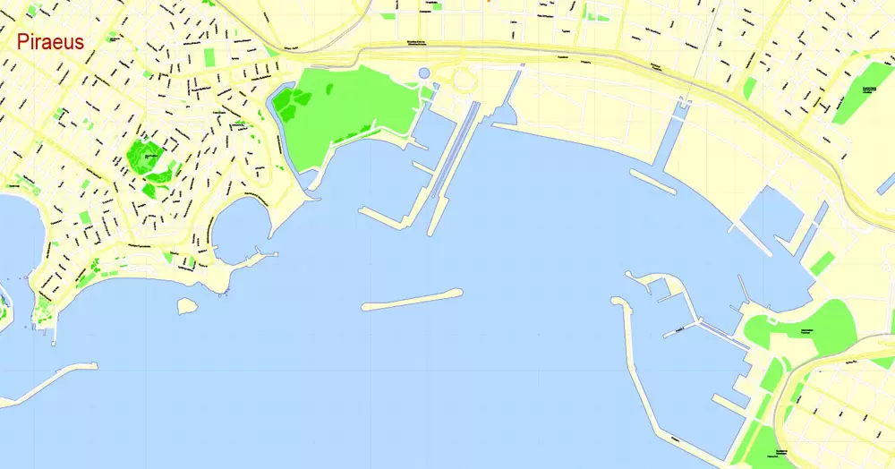 Printable Map Athens + Pireas, Greece, exact vector street G-View Level 17 (100 meters scale) map, V.27.11. ENGLISH, fully editable, Adobe Illustrator, full vector, scalable, editable text format of street names, 11 Mb ZIP.