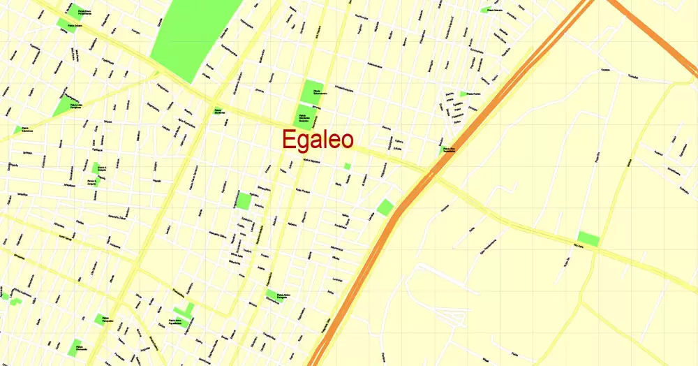 Printable Map Athens + Pireas, Greece, exact vector street G-View Level 17 (100 meters scale) map, V.27.11. ENGLISH, fully editable, Adobe Illustrator, full vector, scalable, editable text format of street names, 11 Mb ZIP.
