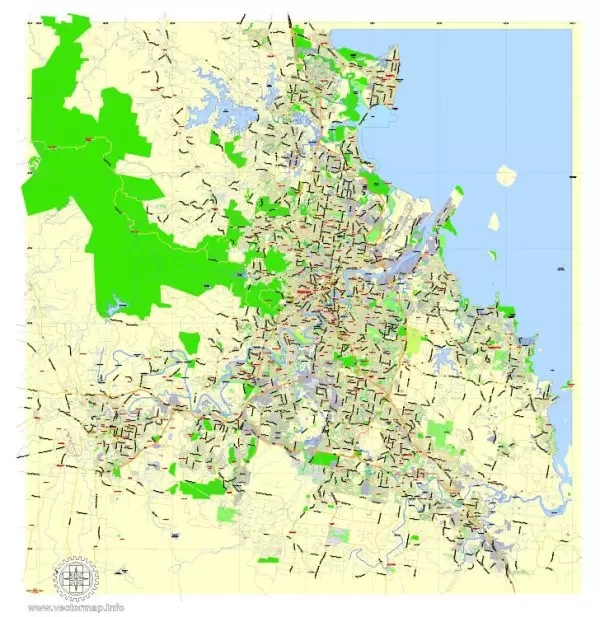 Printable Map Brisbane, Australia, exact vector street map, V27.11, fully editable, Adobe Illustrator, G-View Level 13 (2000 meters scale), full vector, scalable, editable, text format of street names, 6 Mb ZIP.