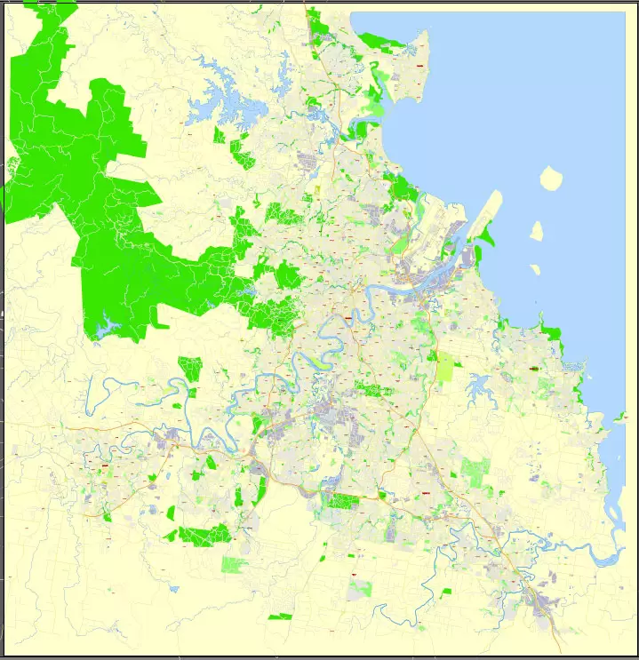 Printable Map Brisbane, Australia, exact vector street map, V11.11, fully editable, Adobe Illustrator, G-View Level 17 (100 meters scale), full vector, scalable, editable, text format of street names, 18 Mb ZIP.