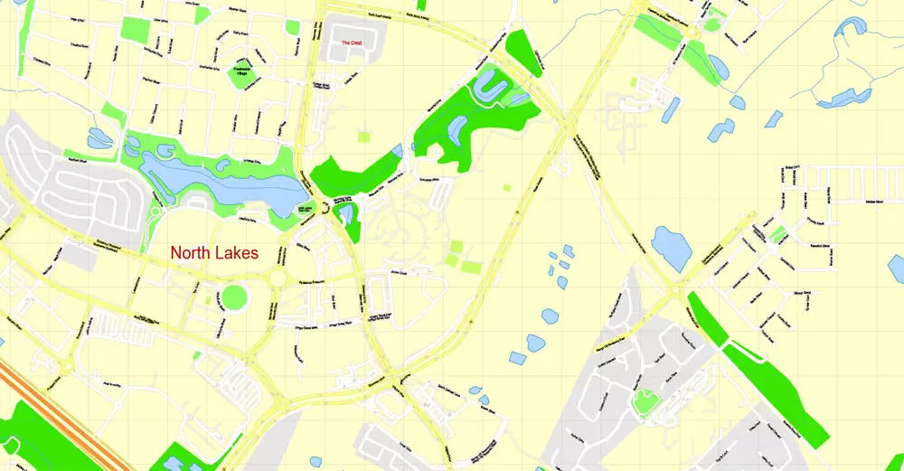 Printable Map Brisbane, Australia, exact vector street map, V11.11, fully editable, Adobe Illustrator, G-View Level 17 (100 meters scale), full vector, scalable, editable, text format of street names, 18 Mb ZIP.