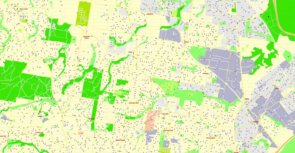 Printable Map Brisbane, Australia, exact vector street map, V11.11, fully editable, Adobe Illustrator, G-View Level 17 (100 meters scale), full vector, scalable, editable, text format of street names, 18 Mb ZIP.