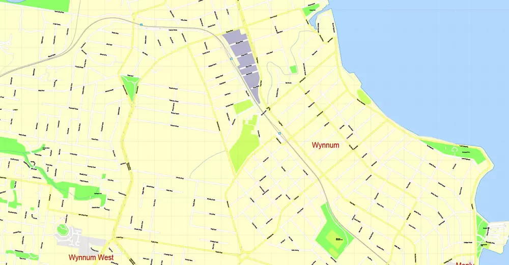 Printable Map Brisbane, Australia, exact vector street map, V11.11, fully editable, Adobe Illustrator, G-View Level 17 (100 meters scale), full vector, scalable, editable, text format of street names, 18 Mb ZIP.