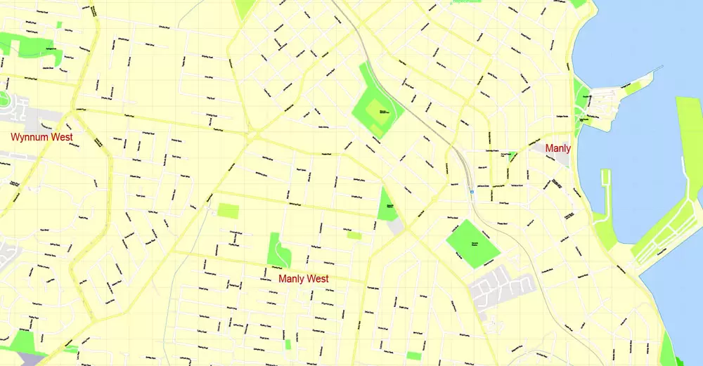 Printable Map Brisbane, Australia, exact vector street map, V11.11, fully editable, Adobe Illustrator, G-View Level 17 (100 meters scale), full vector, scalable, editable, text format of street names, 18 Mb ZIP.