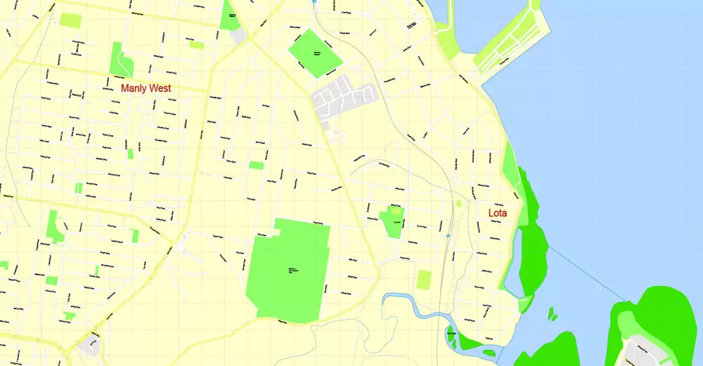 Printable Map Brisbane, Australia, exact vector street map, V11.11, fully editable, Adobe Illustrator, G-View Level 17 (100 meters scale), full vector, scalable, editable, text format of street names, 18 Mb ZIP.