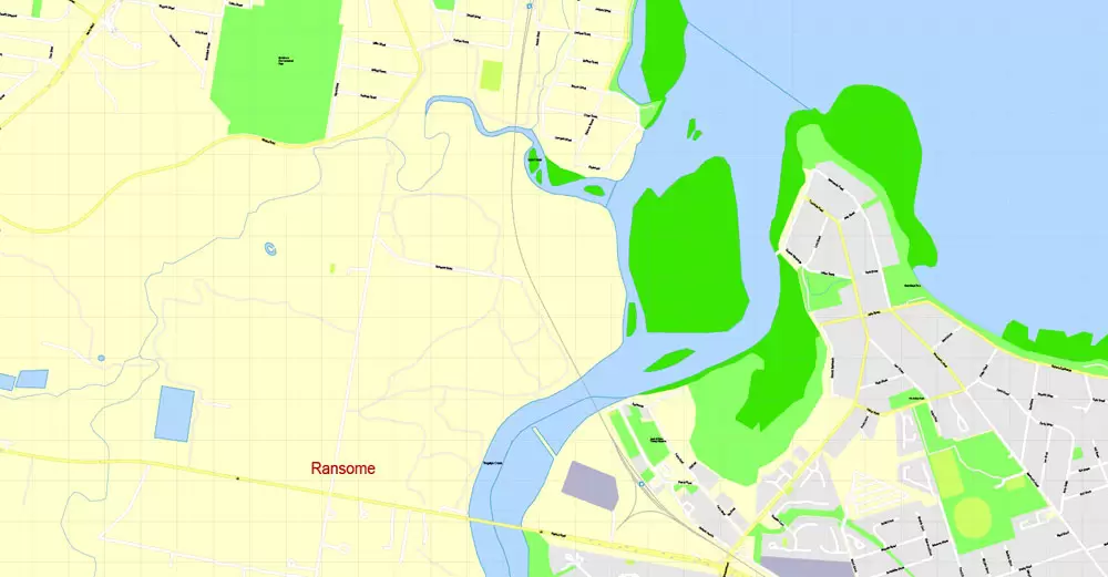 Printable Map Brisbane, Australia, exact vector street map, V11.11, fully editable, Adobe Illustrator, G-View Level 17 (100 meters scale), full vector, scalable, editable, text format of street names, 18 Mb ZIP.