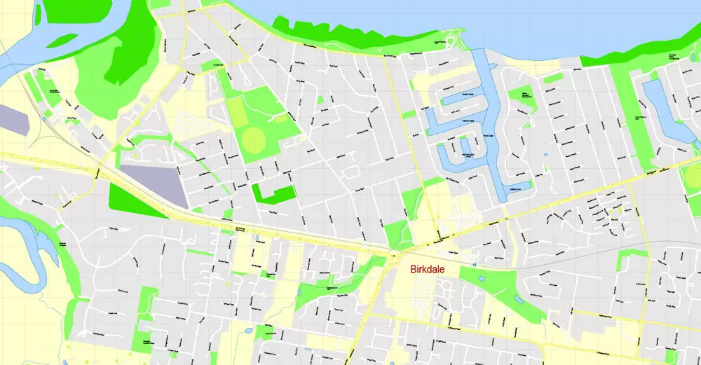 Printable Map Brisbane, Australia, exact vector street map, V11.11, fully editable, Adobe Illustrator, G-View Level 17 (100 meters scale), full vector, scalable, editable, text format of street names, 18 Mb ZIP.