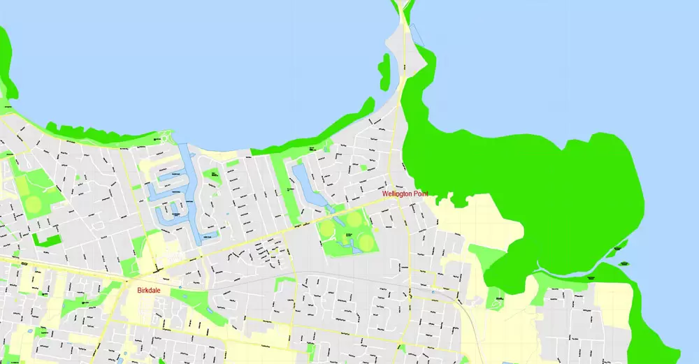 Printable Map Brisbane, Australia, exact vector street map, V11.11, fully editable, Adobe Illustrator, G-View Level 17 (100 meters scale), full vector, scalable, editable, text format of street names, 18 Mb ZIP.
