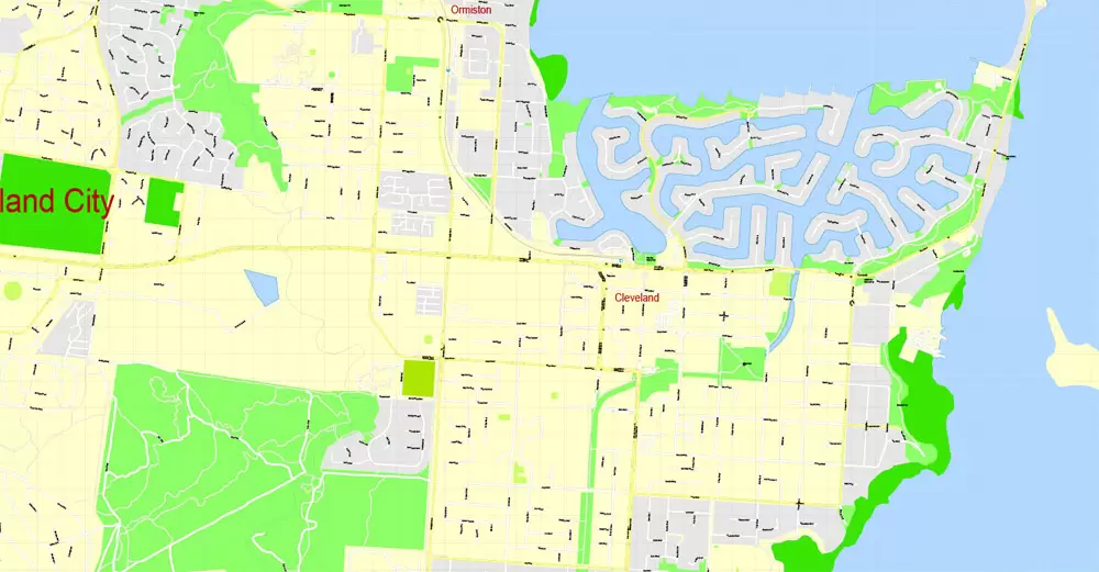 Printable Map Brisbane, Australia, exact vector street map, V11.11, fully editable, Adobe Illustrator, G-View Level 17 (100 meters scale), full vector, scalable, editable, text format of street names, 18 Mb ZIP.
