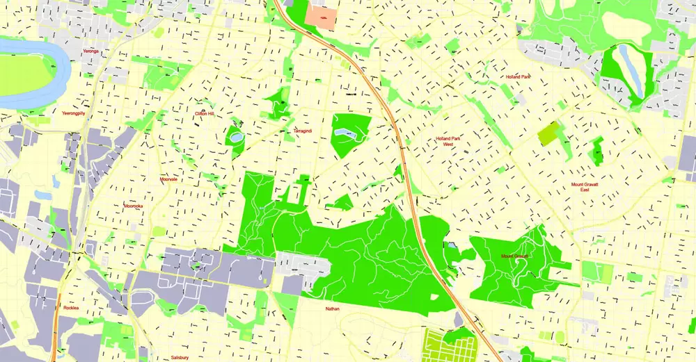 Printable Map Brisbane, Australia, exact vector street map, V11.11, fully editable, Adobe Illustrator, G-View Level 17 (100 meters scale), full vector, scalable, editable, text format of street names, 18 Mb ZIP.