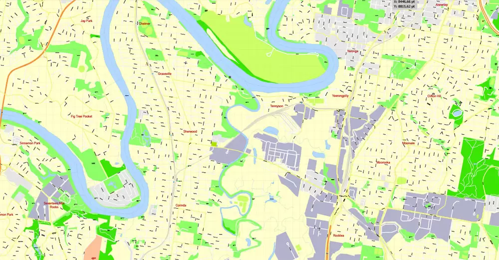 Printable Map Brisbane, Australia, exact vector street map, V11.11, fully editable, Adobe Illustrator, G-View Level 17 (100 meters scale), full vector, scalable, editable, text format of street names, 18 Mb ZIP.