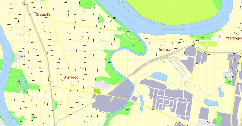 Printable Map Brisbane, Australia, exact vector street map, V11.11, fully editable, Adobe Illustrator, G-View Level 17 (100 meters scale), full vector, scalable, editable, text format of street names, 18 Mb ZIP.