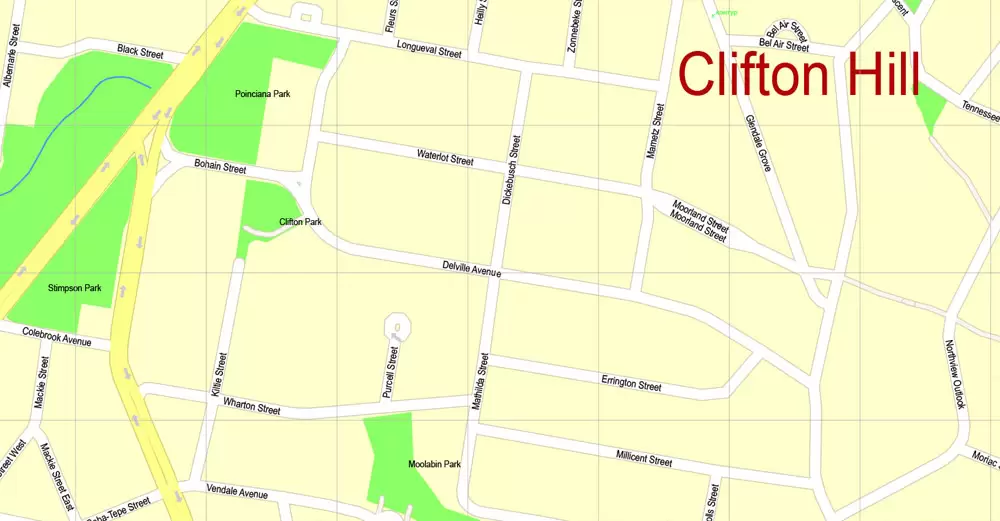 Printable Map Brisbane, Australia, exact vector street map, V11.11, fully editable, Adobe Illustrator, G-View Level 17 (100 meters scale), full vector, scalable, editable, text format of street names, 18 Mb ZIP.