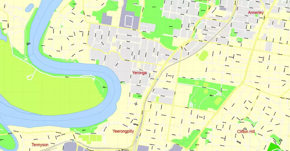Printable Map Brisbane, Australia, exact vector street map, V11.11, fully editable, Adobe Illustrator, G-View Level 17 (100 meters scale), full vector, scalable, editable, text format of street names, 18 Mb ZIP.