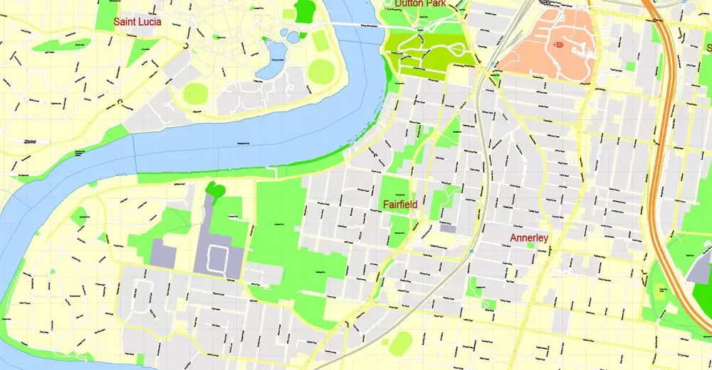Printable Map Brisbane, Australia, exact vector street map, V11.11, fully editable, Adobe Illustrator, G-View Level 17 (100 meters scale), full vector, scalable, editable, text format of street names, 18 Mb ZIP.