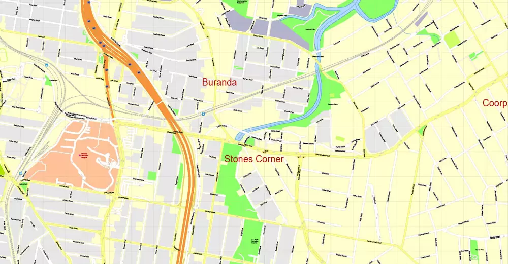 Printable Map Brisbane, Australia, exact vector street map, V11.11, fully editable, Adobe Illustrator, G-View Level 17 (100 meters scale), full vector, scalable, editable, text format of street names, 18 Mb ZIP.