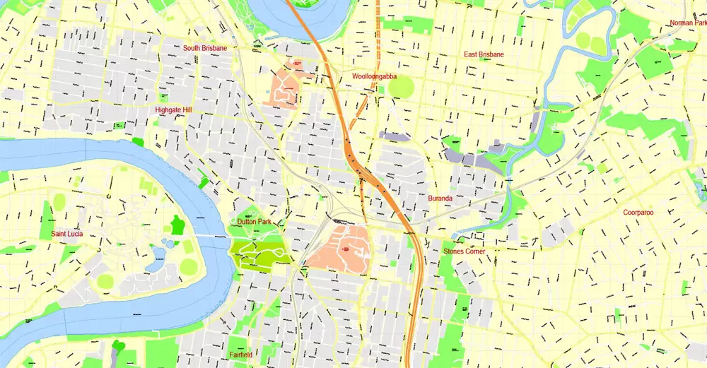 Printable Map Brisbane, Australia, exact vector street map, V11.11, fully editable, Adobe Illustrator, G-View Level 17 (100 meters scale), full vector, scalable, editable, text format of street names, 18 Mb ZIP.
