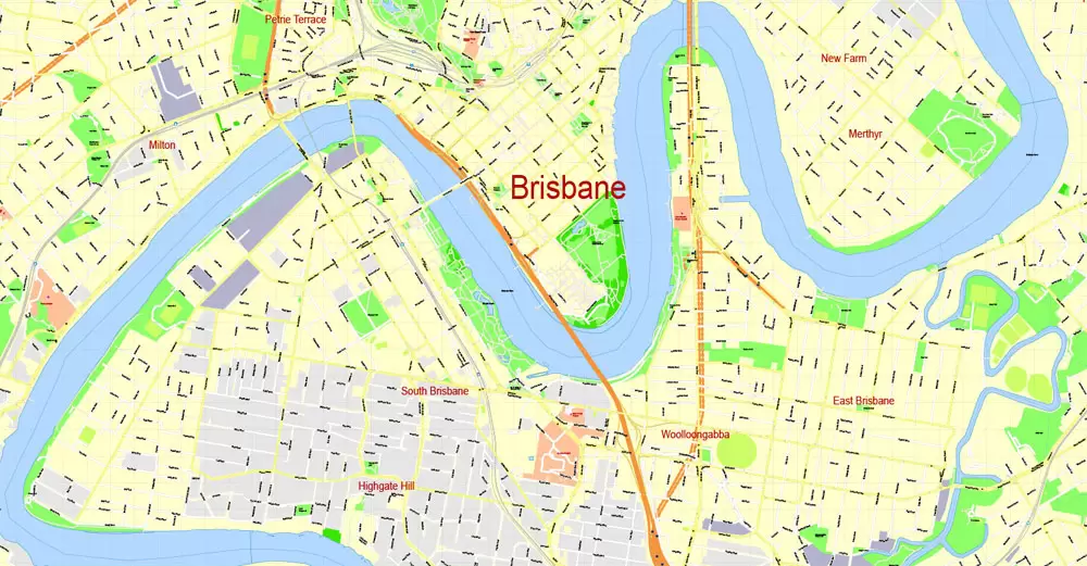 Printable Map Brisbane, Australia, exact vector street map, V11.11, fully editable, Adobe Illustrator, G-View Level 17 (100 meters scale), full vector, scalable, editable, text format of street names, 18 Mb ZIP.