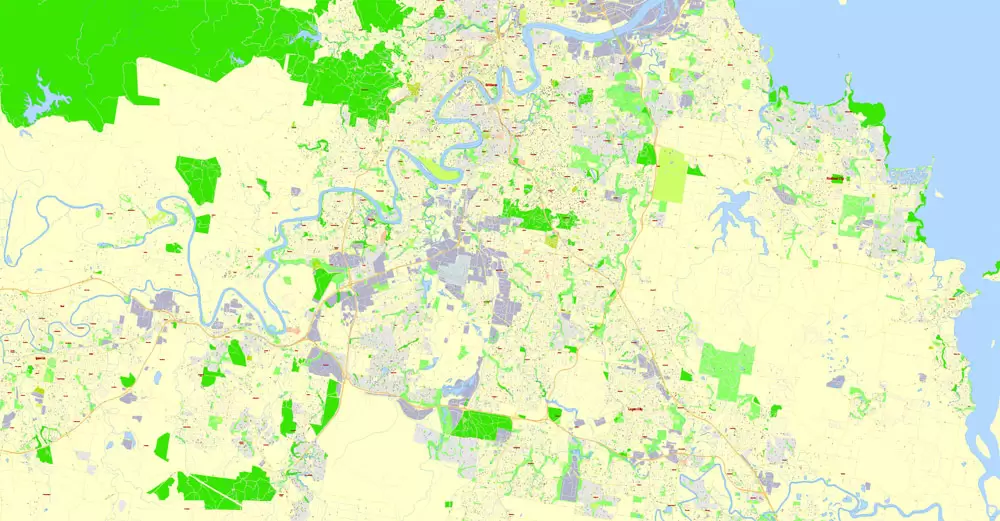 Printable Map Brisbane, Australia, exact vector street map, V11.11, fully editable, Adobe Illustrator, G-View Level 17 (100 meters scale), full vector, scalable, editable, text format of street names, 18 Mb ZIP.