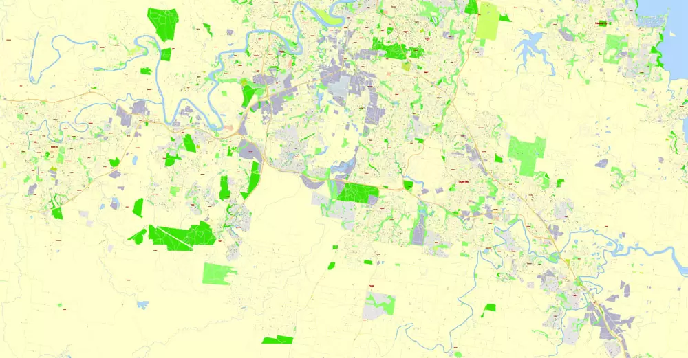 Printable Map Brisbane, Australia, exact vector street map, V11.11, fully editable, Adobe Illustrator, G-View Level 17 (100 meters scale), full vector, scalable, editable, text format of street names, 18 Mb ZIP.